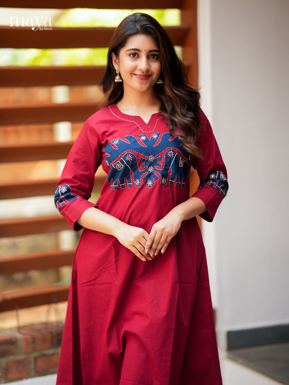 Brilliant Red Cotton Readymade Kurti with elephant patch neck yoke - MEA29006