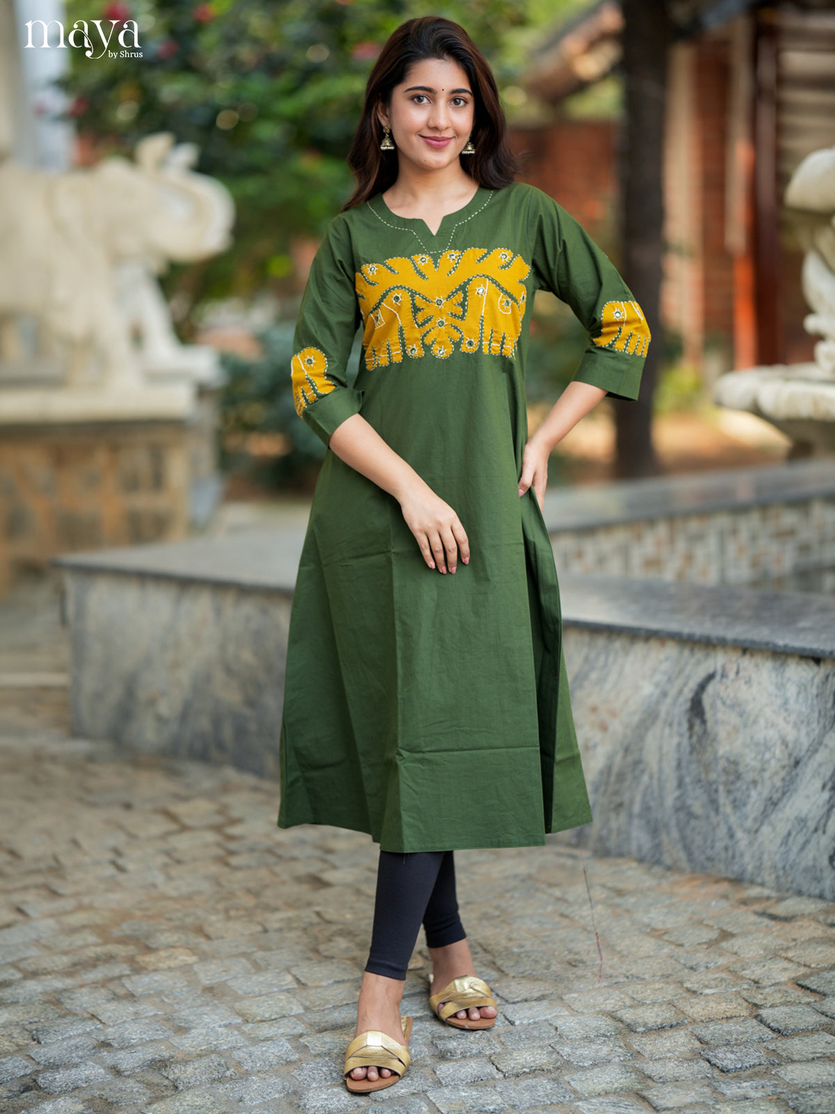 Classy Green & Yellow Cotton Readymade Kurti with elephant neck yoke - MEA29012