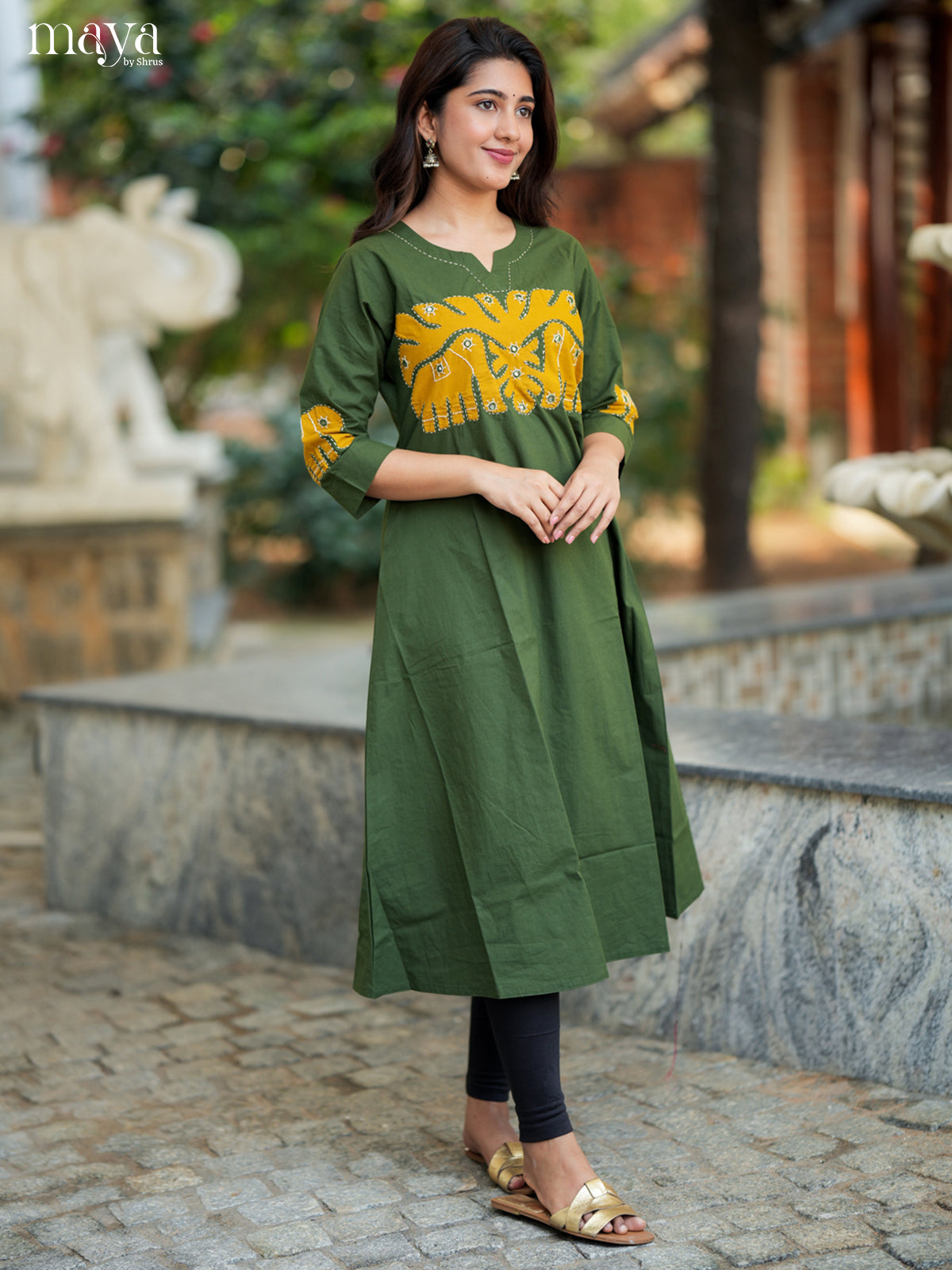 Classy Green & Yellow Cotton Readymade Kurti with elephant neck yoke - MEA29012
