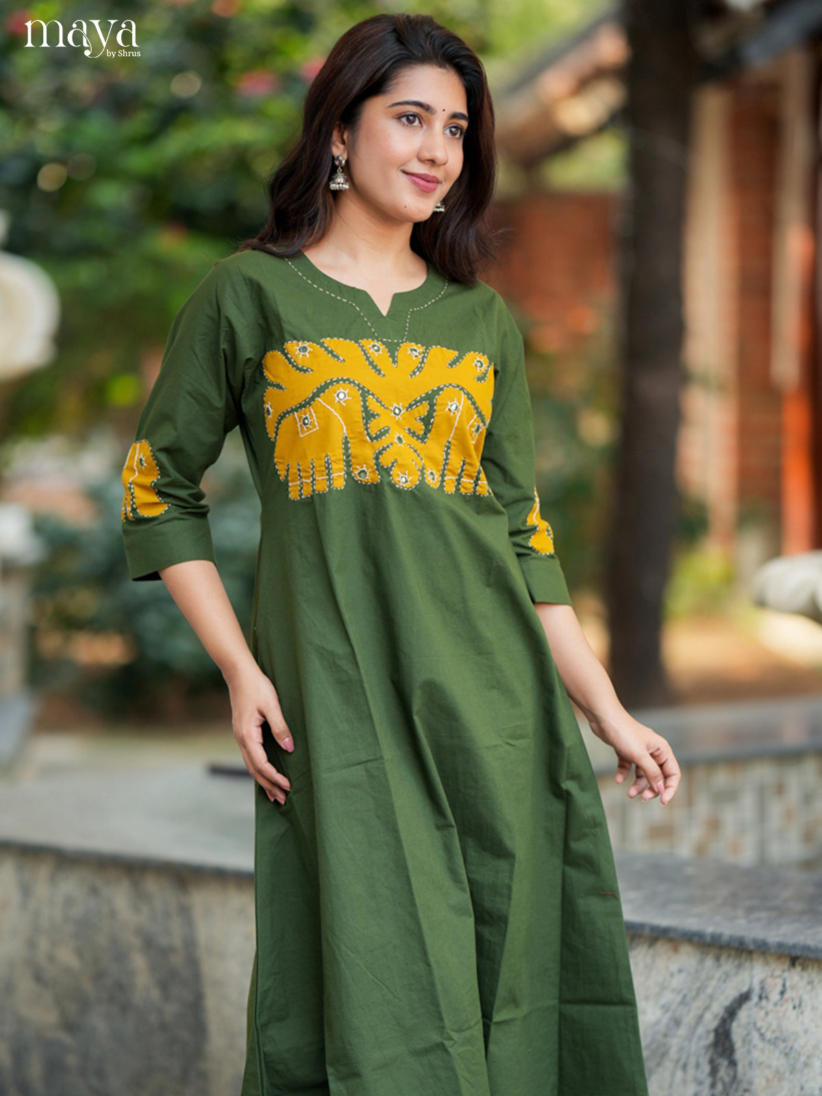 Classy Green & Yellow Cotton Readymade Kurti with elephant neck yoke - MEA29012