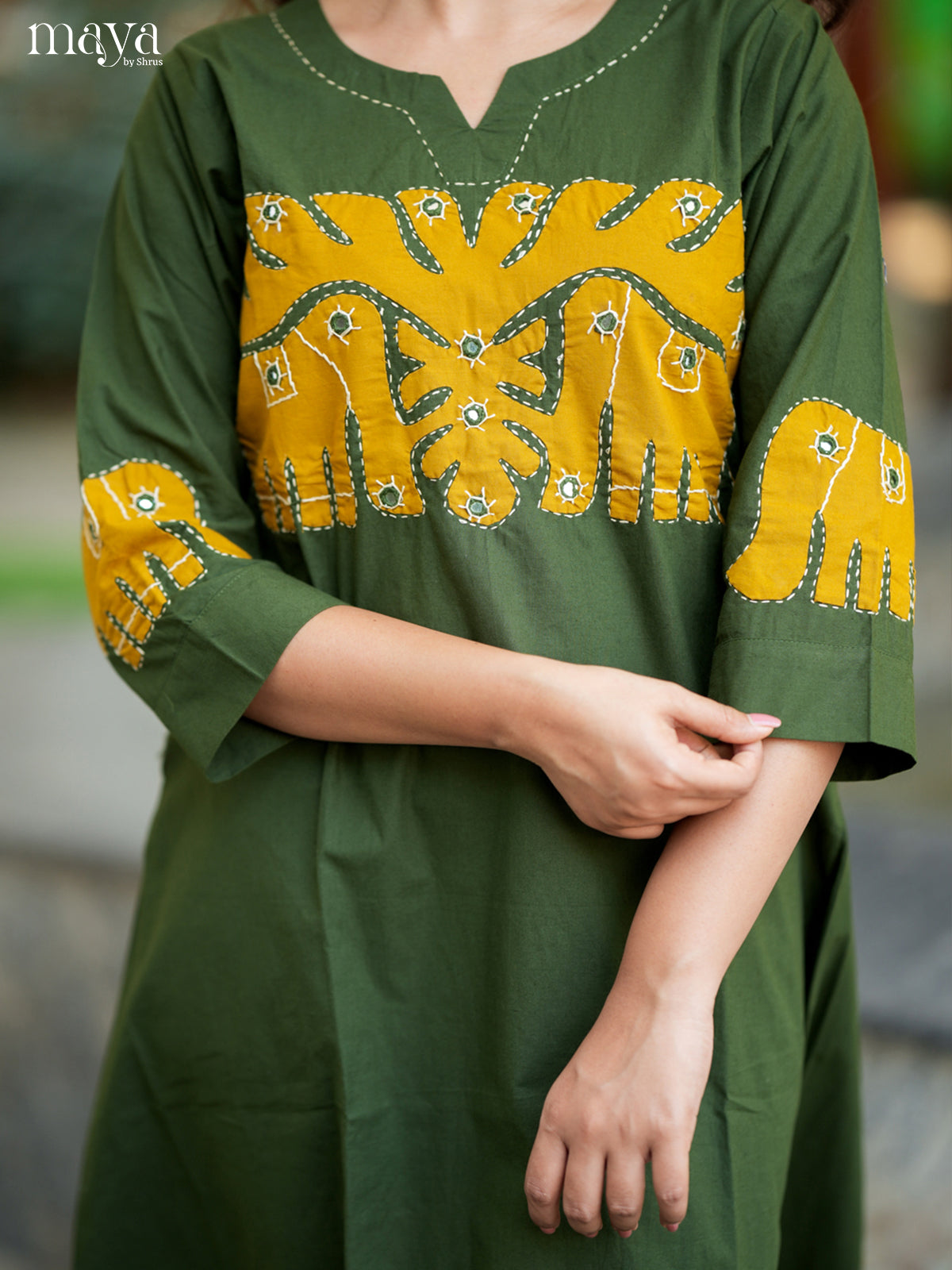 Classy Green & Yellow Cotton Readymade Kurti with elephant neck yoke - MEA29012