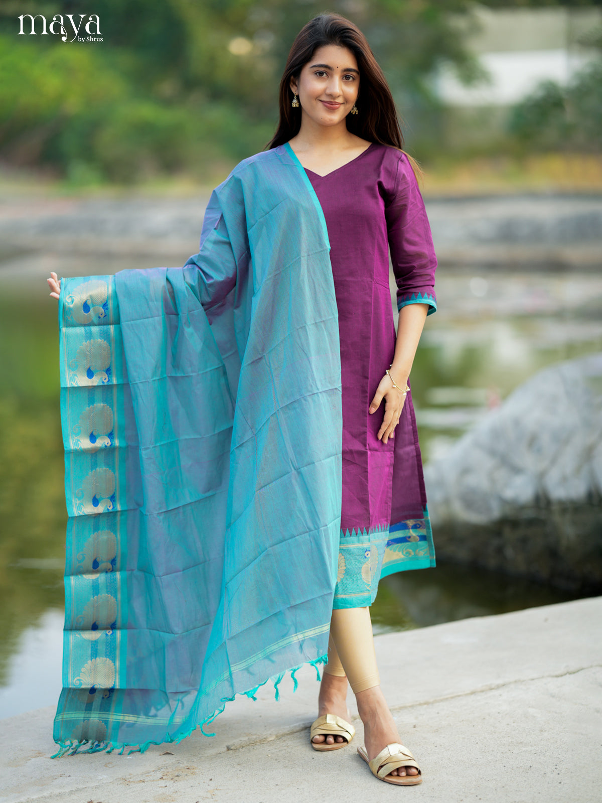 Exquisite Wine & Blue Chettinad Cotton Readymade Kurti Set With Dupatta
