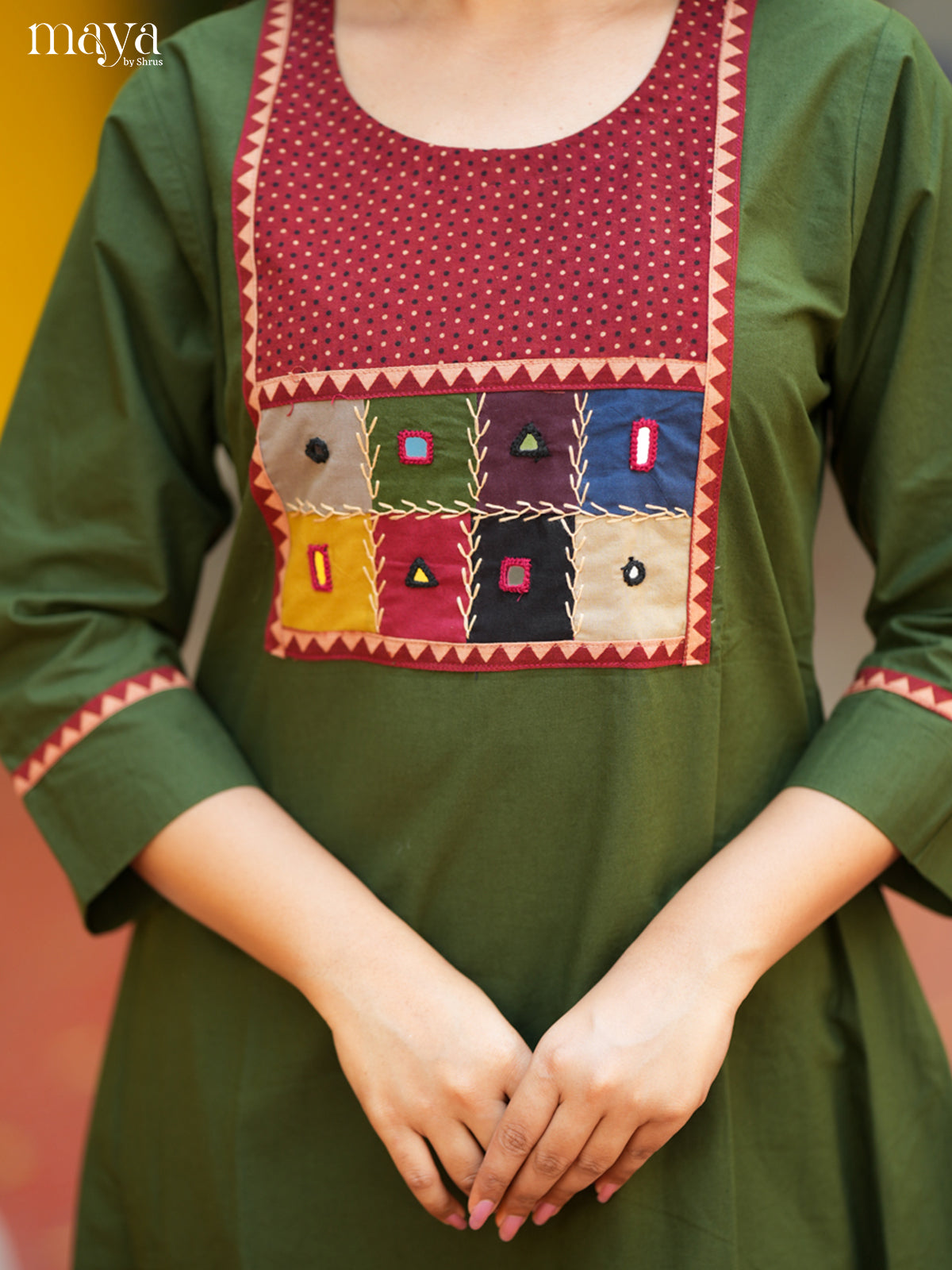 Green Cotton Readymade Kurti with mirror work neck yoke - MDL31001