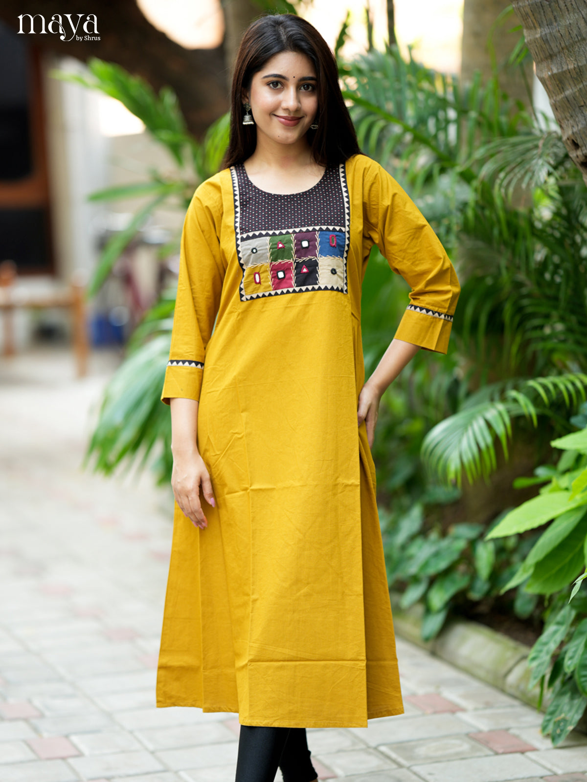 Bright Mustard & Black Cotton Readymade Kurti with embroidered neck yoke -MDL31006