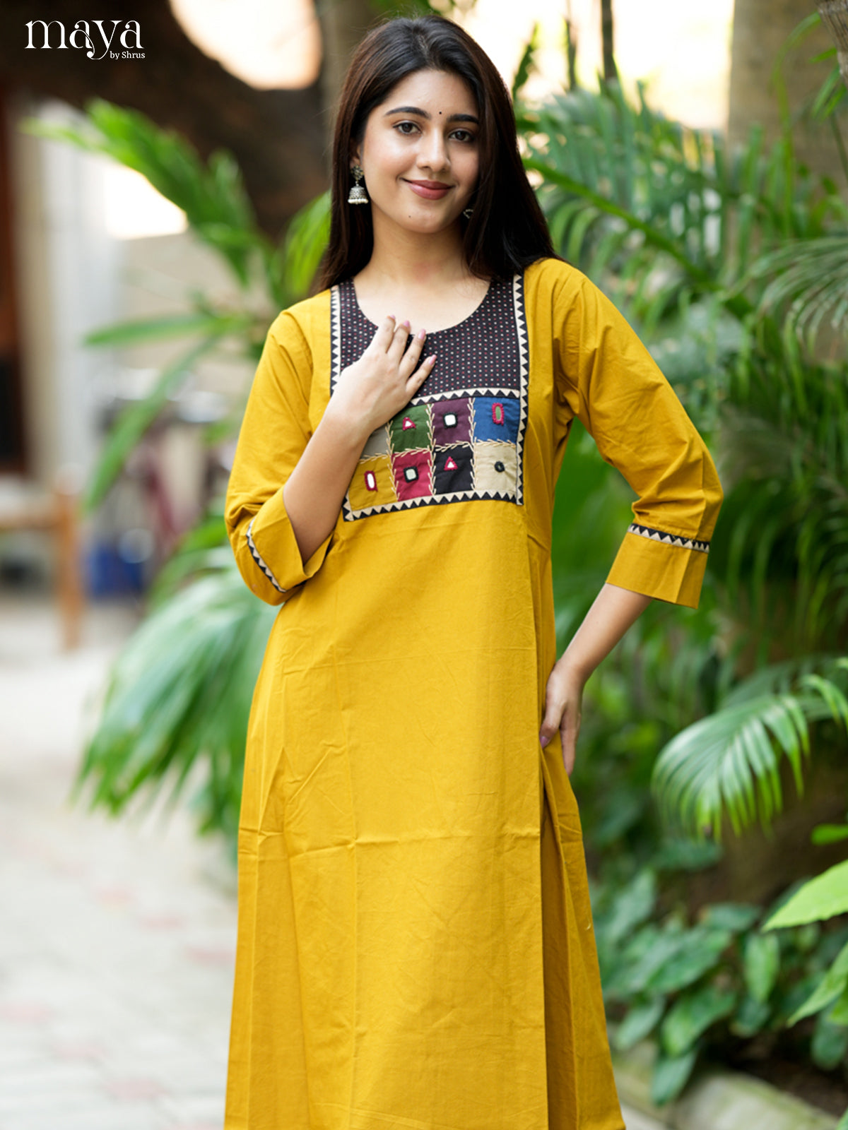Bright Mustard & Black Cotton Readymade Kurti with embroidered neck yoke -MDL31006