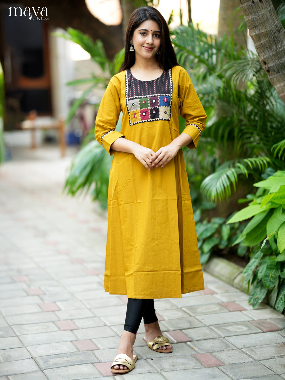 Bright Mustard & Black Cotton Readymade Kurti with embroidered neck yoke -MDL31006