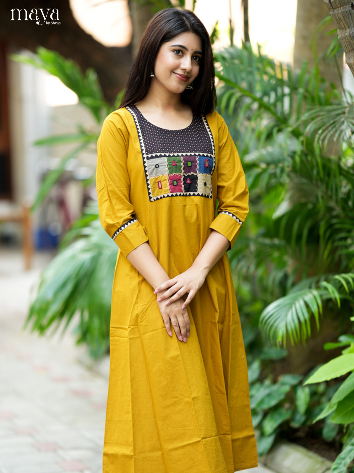 Bright Mustard & Black Cotton Readymade Kurti with embroidered neck yoke -MDL31006