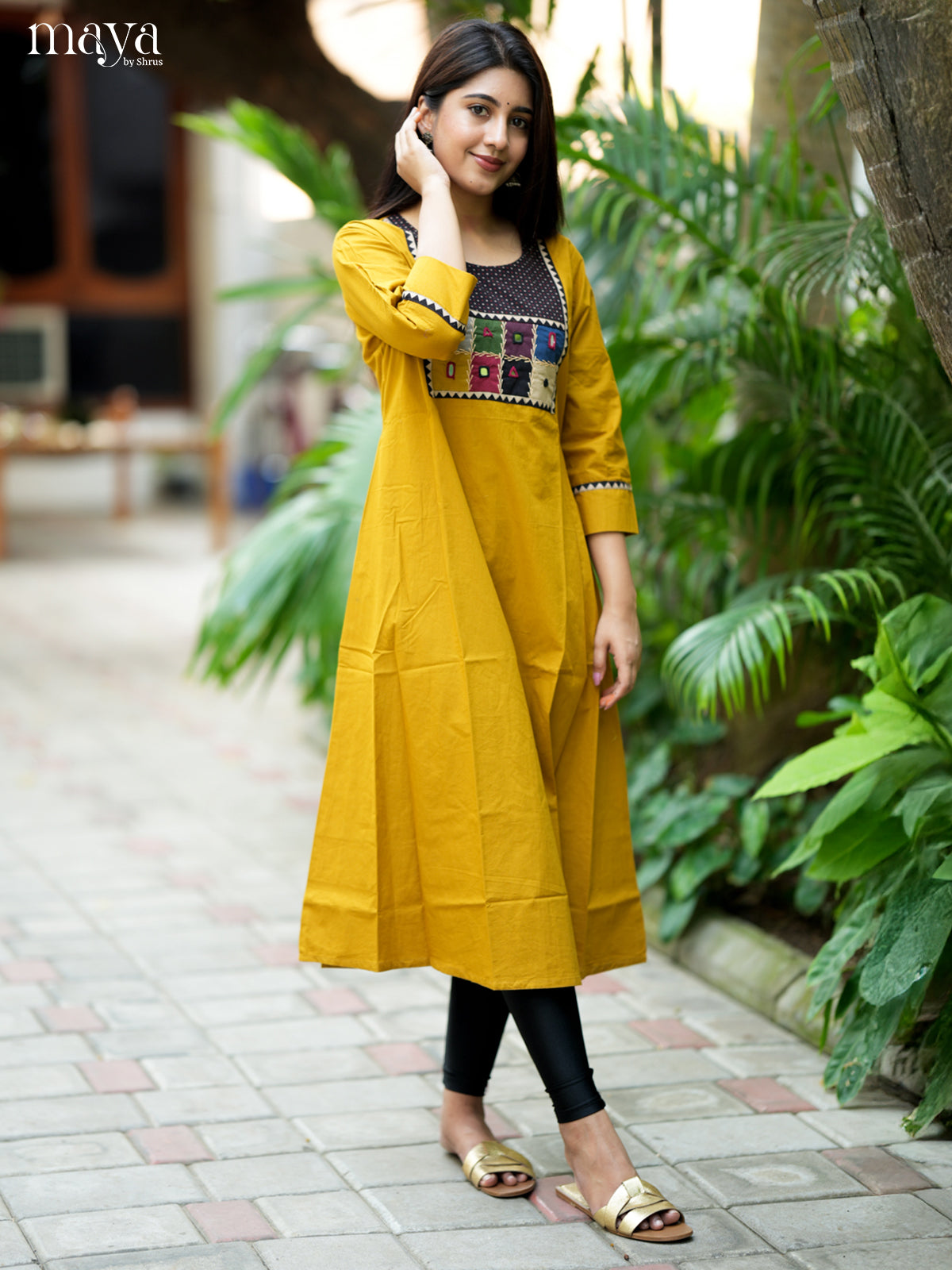 Bright Mustard & Black Cotton Readymade Kurti with embroidered neck yoke -MDL31006