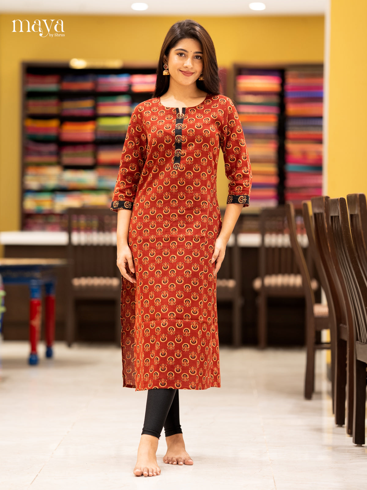 Red Ajrakh printed Cotton Readymade Kurti - MEC11011