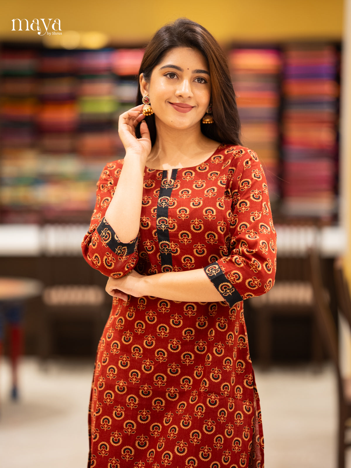 Red Ajrakh printed Cotton Readymade Kurti - MEC11011
