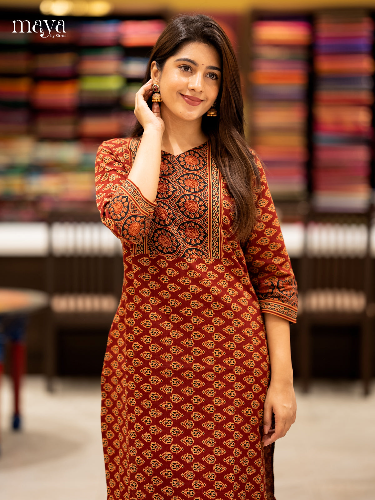 Maroon & Black Ajrakh printed Readymade Kurti with neck yoke- MEC11014
