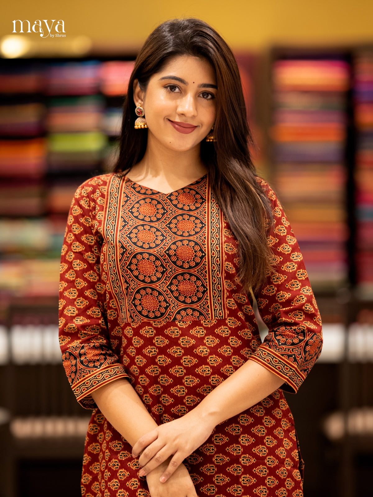 Maroon & Black Ajrakh printed Readymade Kurti with neck yoke- MEC11014