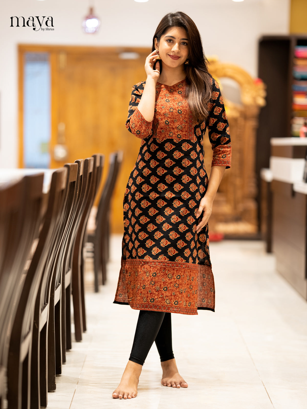 Black & Maroon Ajrakh printed Readymade Kurti with neck yoke - MEC11006