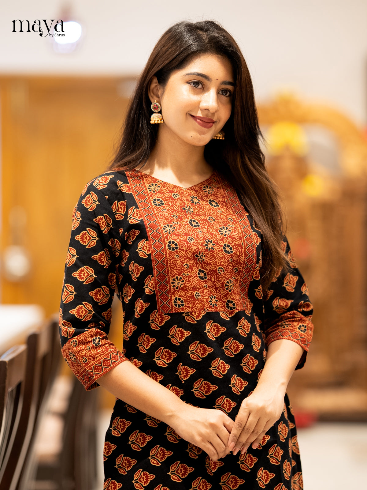 Black & Maroon Ajrakh printed Readymade Kurti with neck yoke - MEC11006