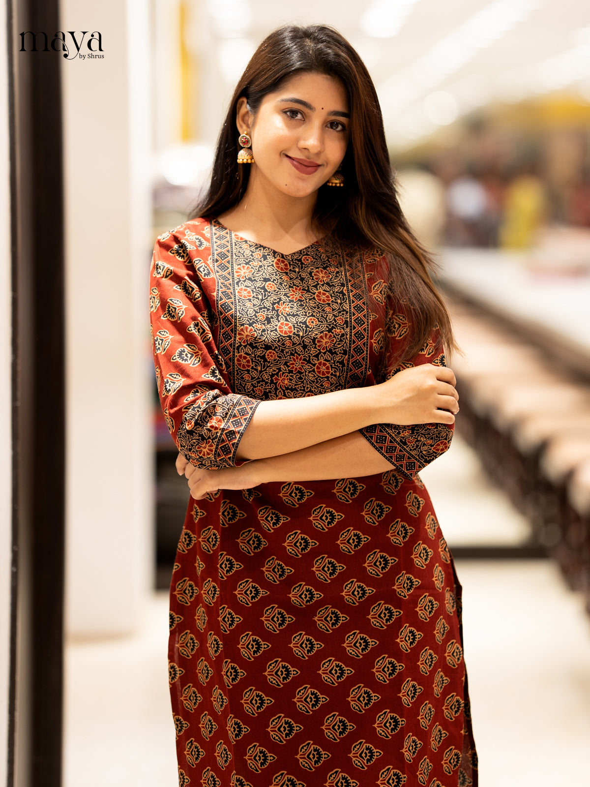 Maroon & Black Ajrakh printed Readymade Kurti with neck yoke - MEC11005