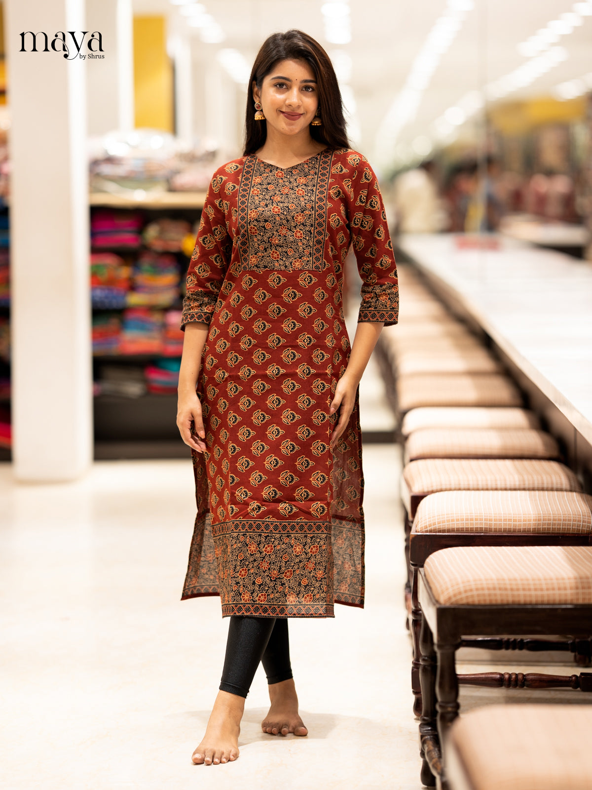 Maroon & Black Ajrakh printed Readymade Kurti with neck yoke - MEC11005