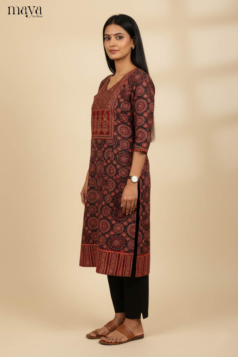 Charming Black & Red Ajrakh Printed Readymade Cotton Kurti
