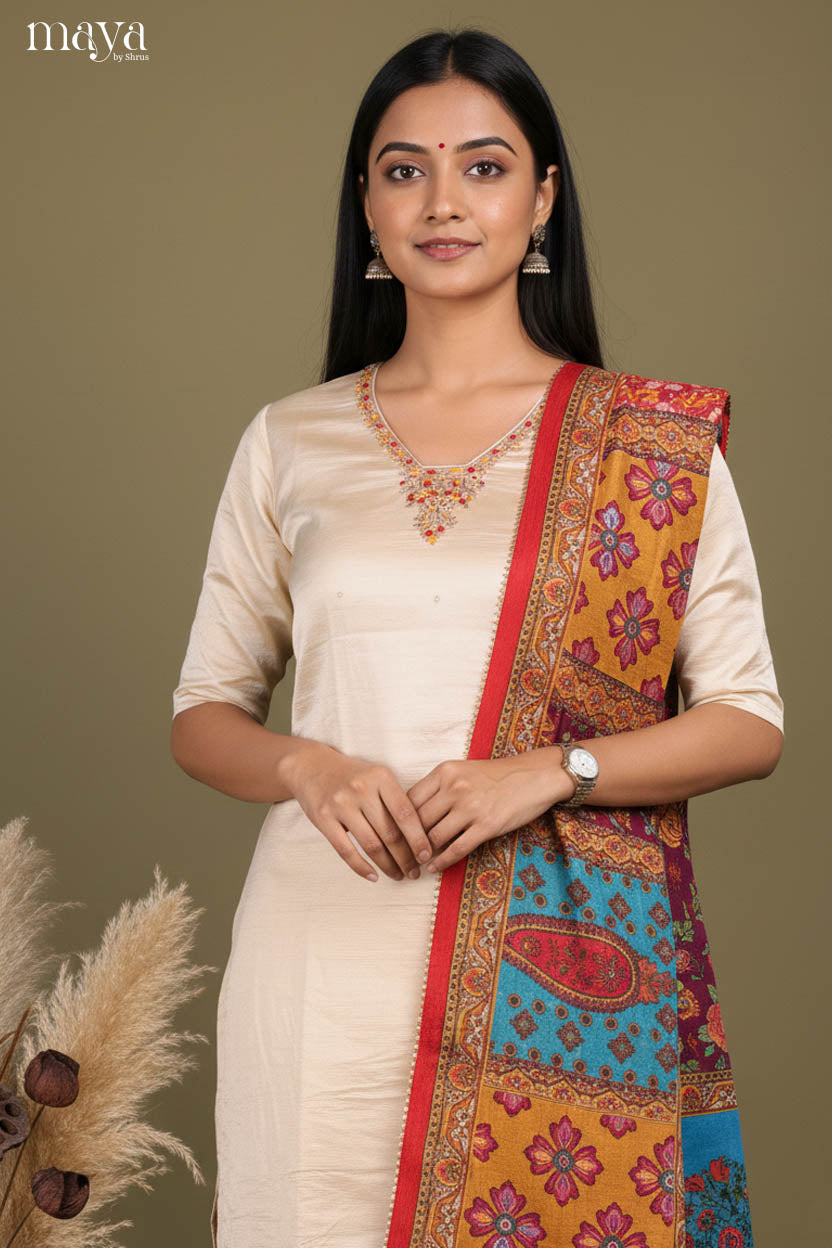Breezy Cream Party Wear 3 Piece Salwar Suit With Embroidered Neck