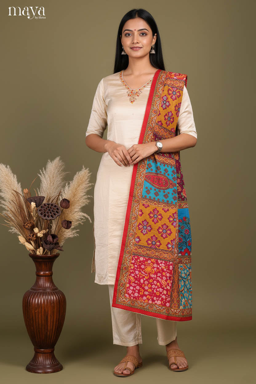 Breezy Cream Party Wear 3 Piece Salwar Suit With Embroidered Neck