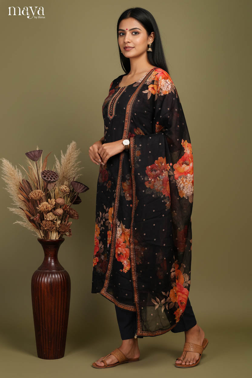 Stunning Black Floral printed Salwar Suit With a Pant & Duppatta