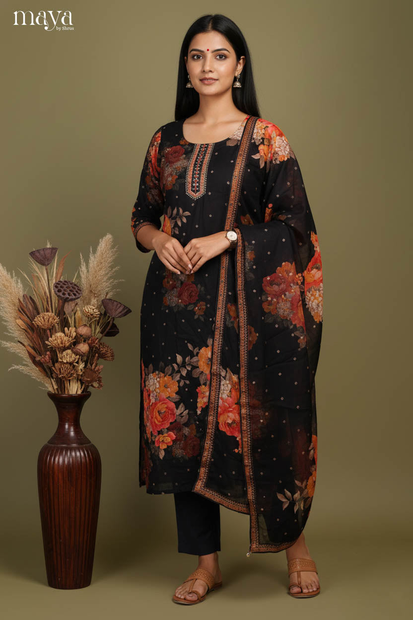Stunning Black Floral printed Salwar Suit With a Pant & Duppatta