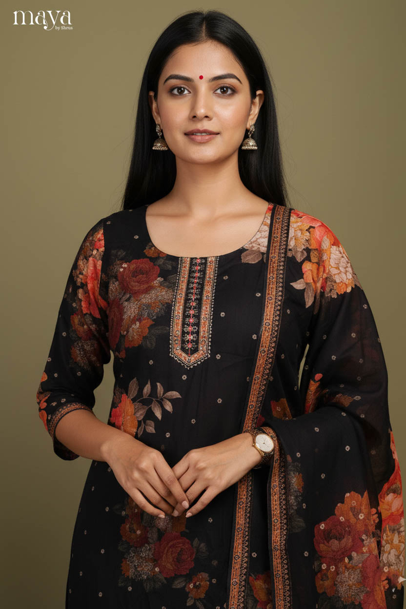 Stunning Black Floral printed Salwar Suit With a Pant & Duppatta