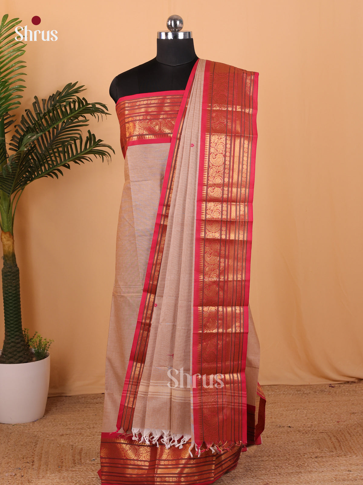Grey & Red Chettinad Cotton Unstitched Top & Dupatta - MCL18005 - Shop on Shrus.com
