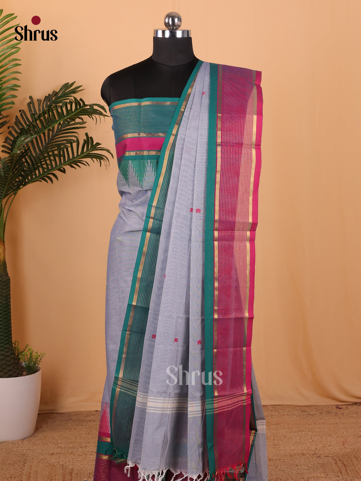 Ash Grey & Green Chettinad Cotton Unstitched Top & Dupatta - MCL18017 - Shop on Shrus.com