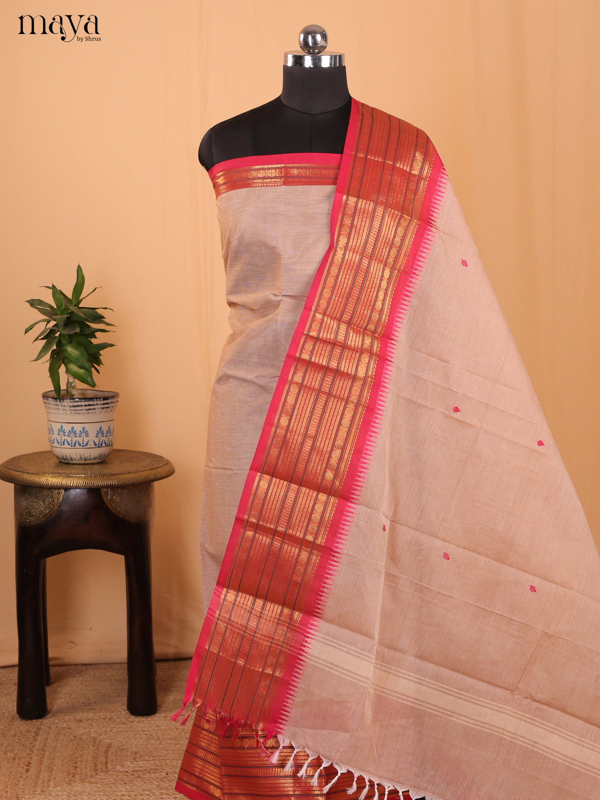 Grey & Pink - Chettinad Cotton Unstitched Top & Dupatta - MCL18024 - Shop on Shrus.com