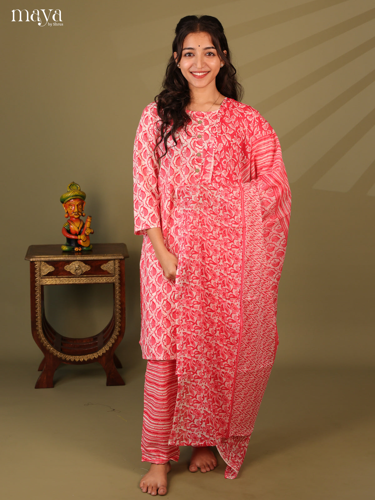 Red Cotton 3Pc Salwar Suit With Jaipuri Print - Top, Bottom & Dupatta - Shop on Shrus.com