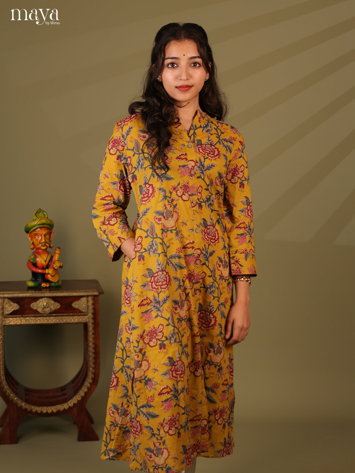 Floral Printed Mustard Cotton Kurti - Shop on Shrus.com