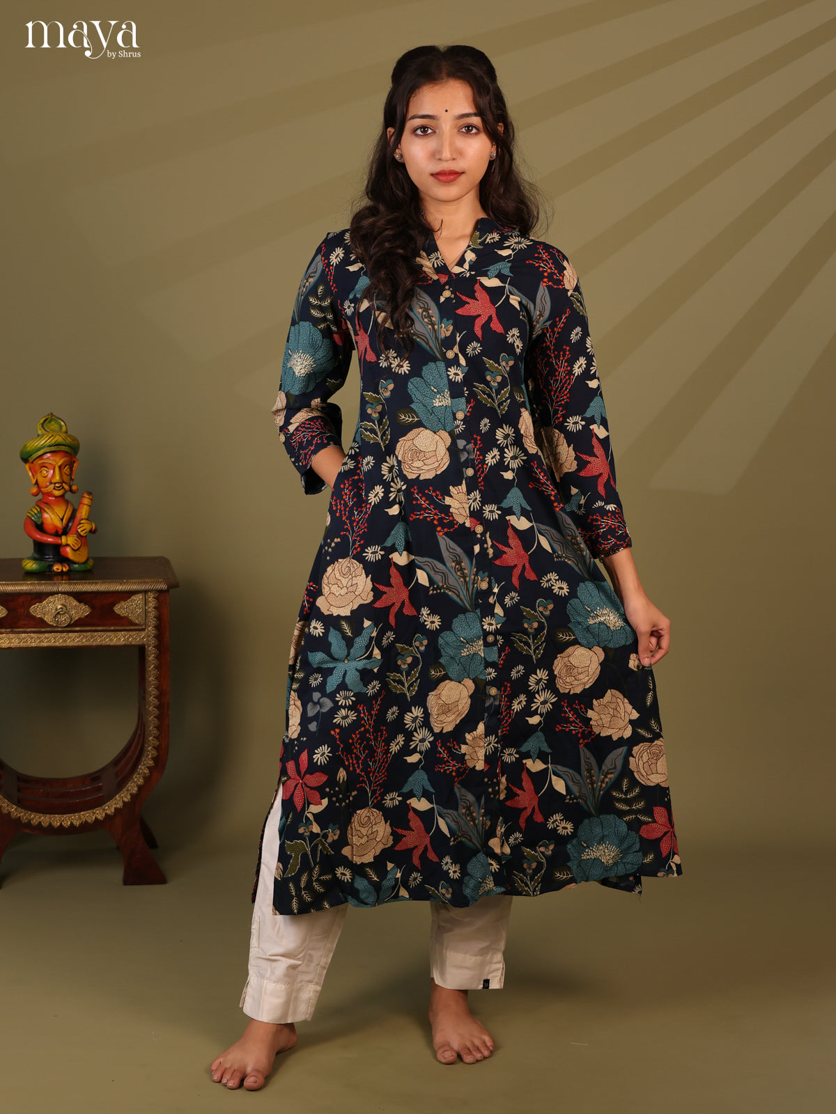 Floral Printed Blue Rayon Kurti - Shop on Shrus.com