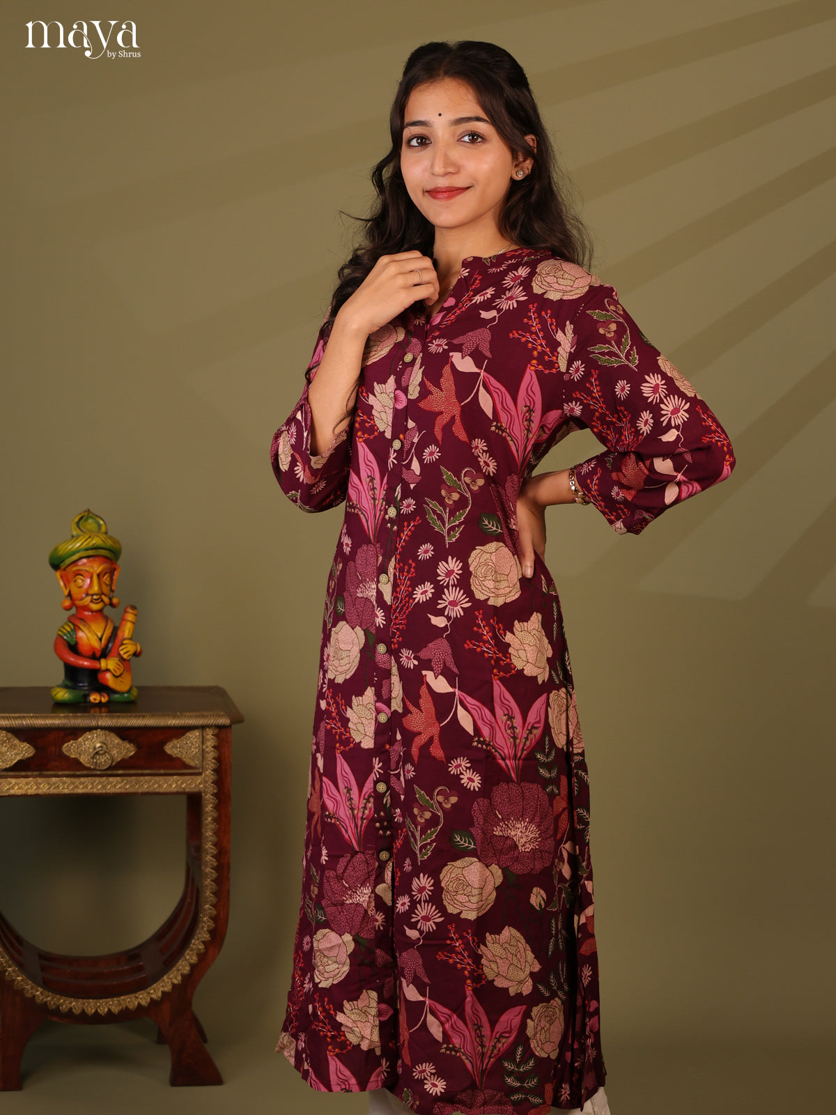 Floral Printed Wine Rayon Kurti - Shop on Shrus.com