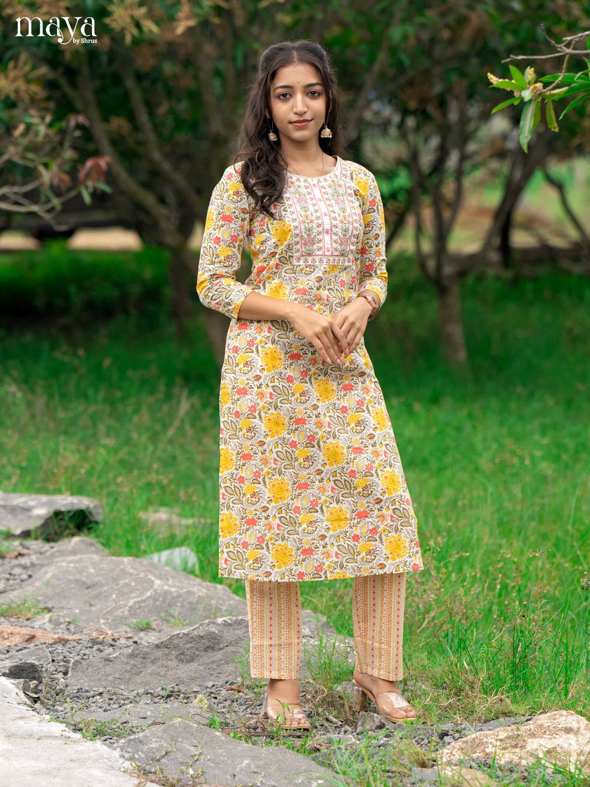 Cream Cotton 2Pc Salwar Suit With Floral Print - Top & Bottom - Shop on Shrus.com