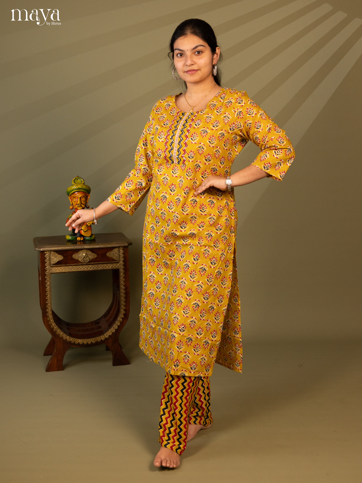 Mustard Cotton 2pc Salwar Suit With Floral Print - Top & Bottom - Shop on Shrus.com