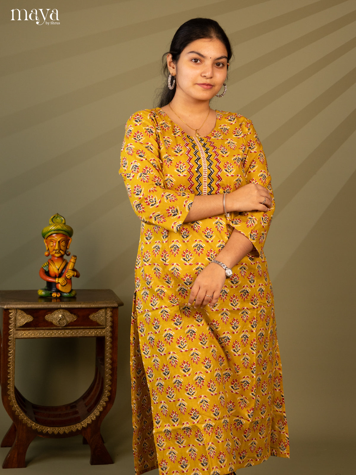 Mustard Cotton 2pc Salwar Suit With Floral Print - Top & Bottom - Shop on Shrus.com