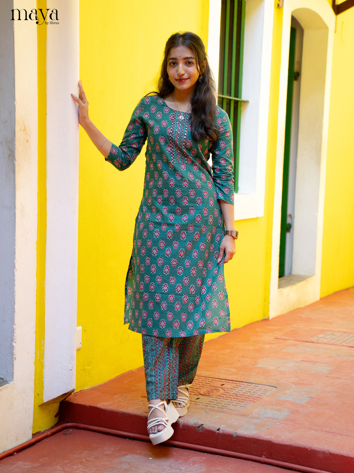 Green Cotton 2Pc Salwar Suit With Floral Print - Top & Bottom - Shop on Shrus.com