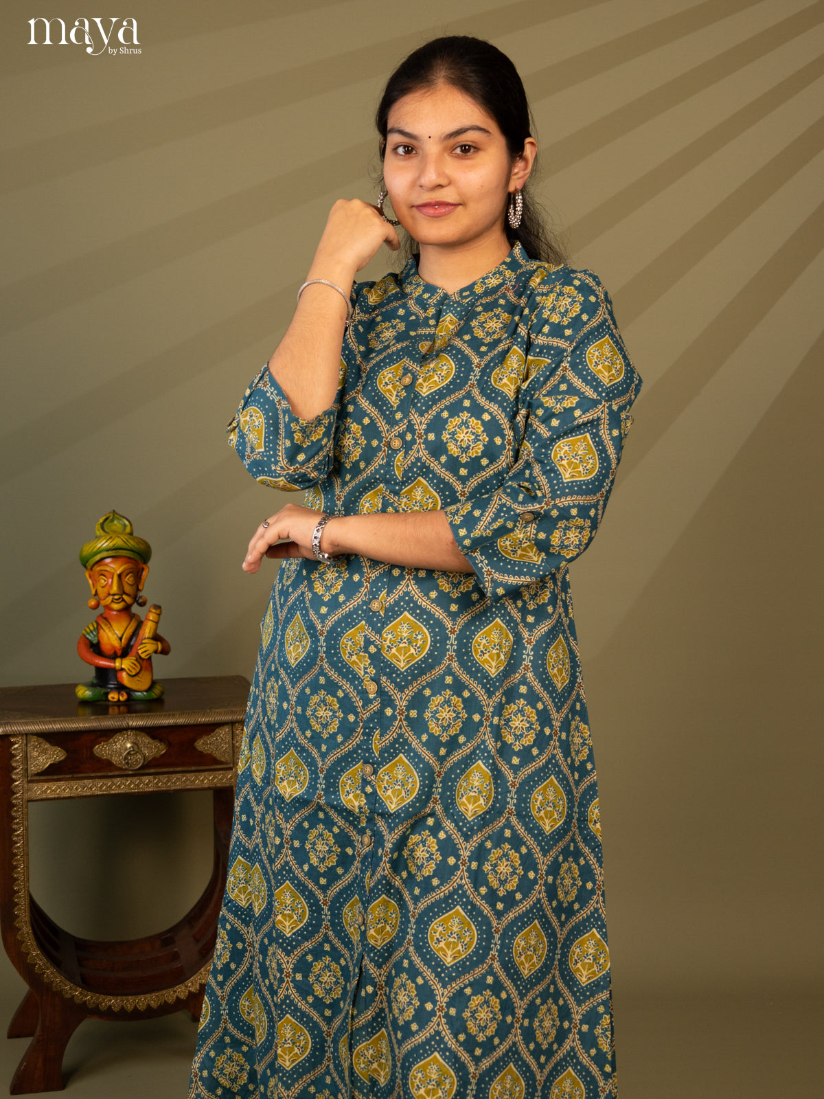Blue Cotton 2Pc Salwar Suit with Ajrakh print - Top & Bottom - Shop on Shrus.com