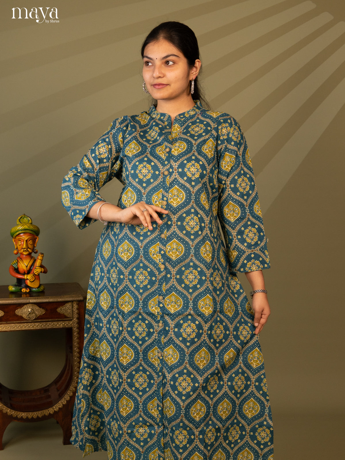 Blue Cotton 2Pc Salwar Suit with Ajrakh print - Top & Bottom - Shop on Shrus.com