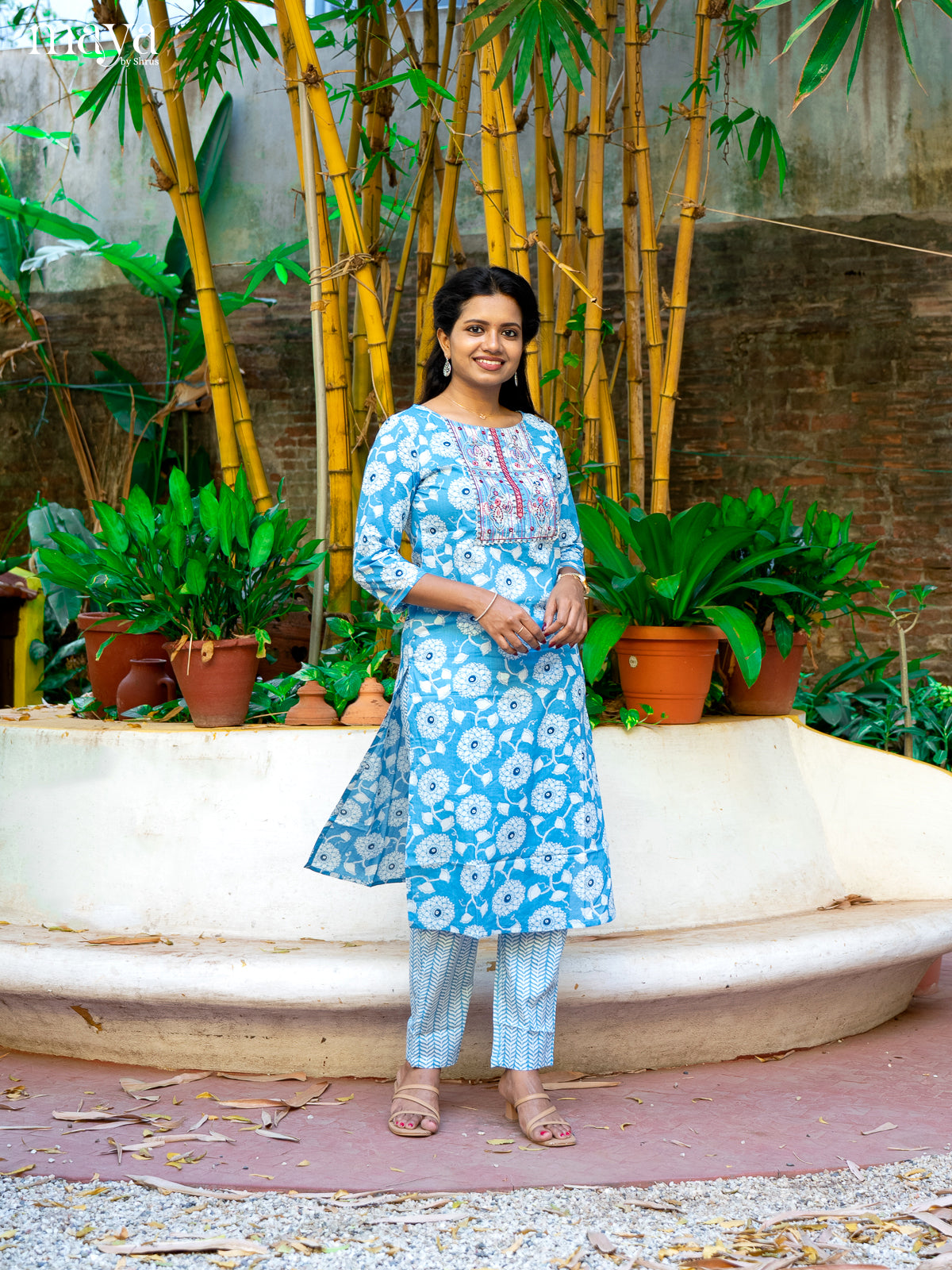Blue Cotton 2pc Salwar Suit With Floral Print - Top & Bottom - Shop on Shrus.com