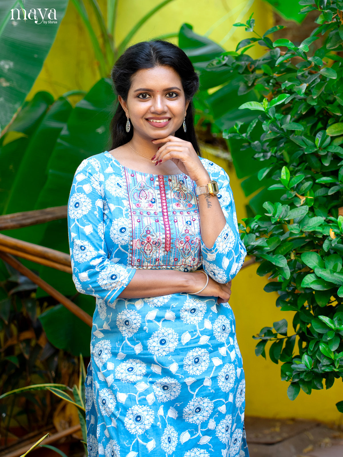 Blue Cotton 2pc Salwar Suit With Floral Print - Top & Bottom - Shop on Shrus.com