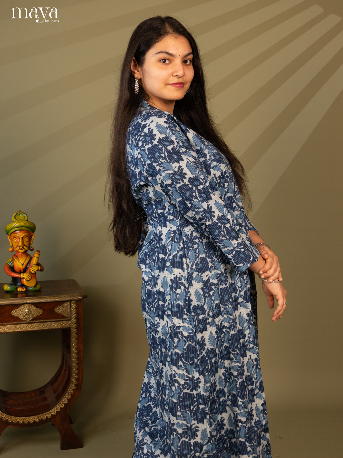 Blue Cotton Floral Print Kurti with Kantha Work - Shop on Shrus.com
