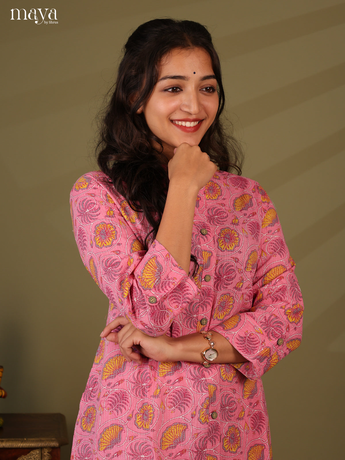 Pink Cotton Floral Print Kurti With Kantha Work - Shop on Shrus.com