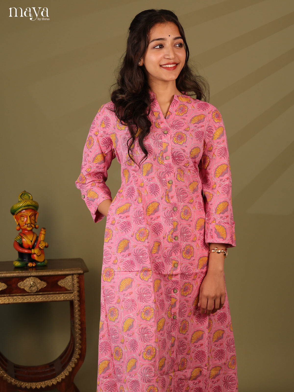 Pink Cotton Floral Print Kurti With Kantha Work - Shop on Shrus.com
