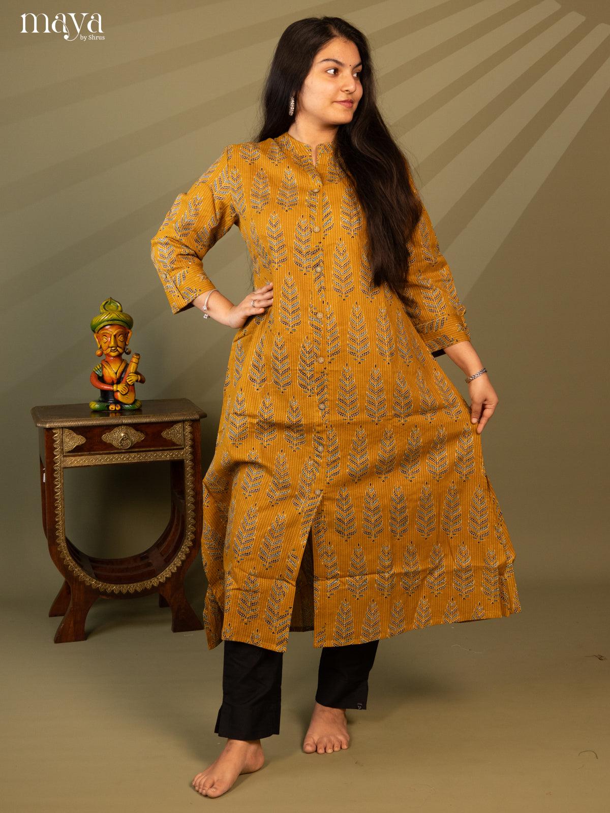Mustard Cotton Floral Print kurti With Kantha Work - Shop on Shrus.com