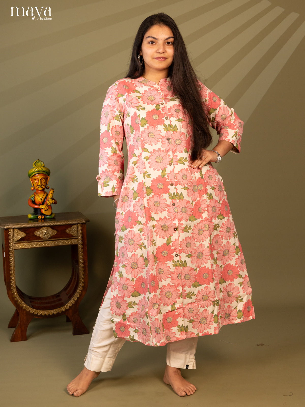 Cream Cotton Floral Print With Kantha Work - Shop on Shrus.com