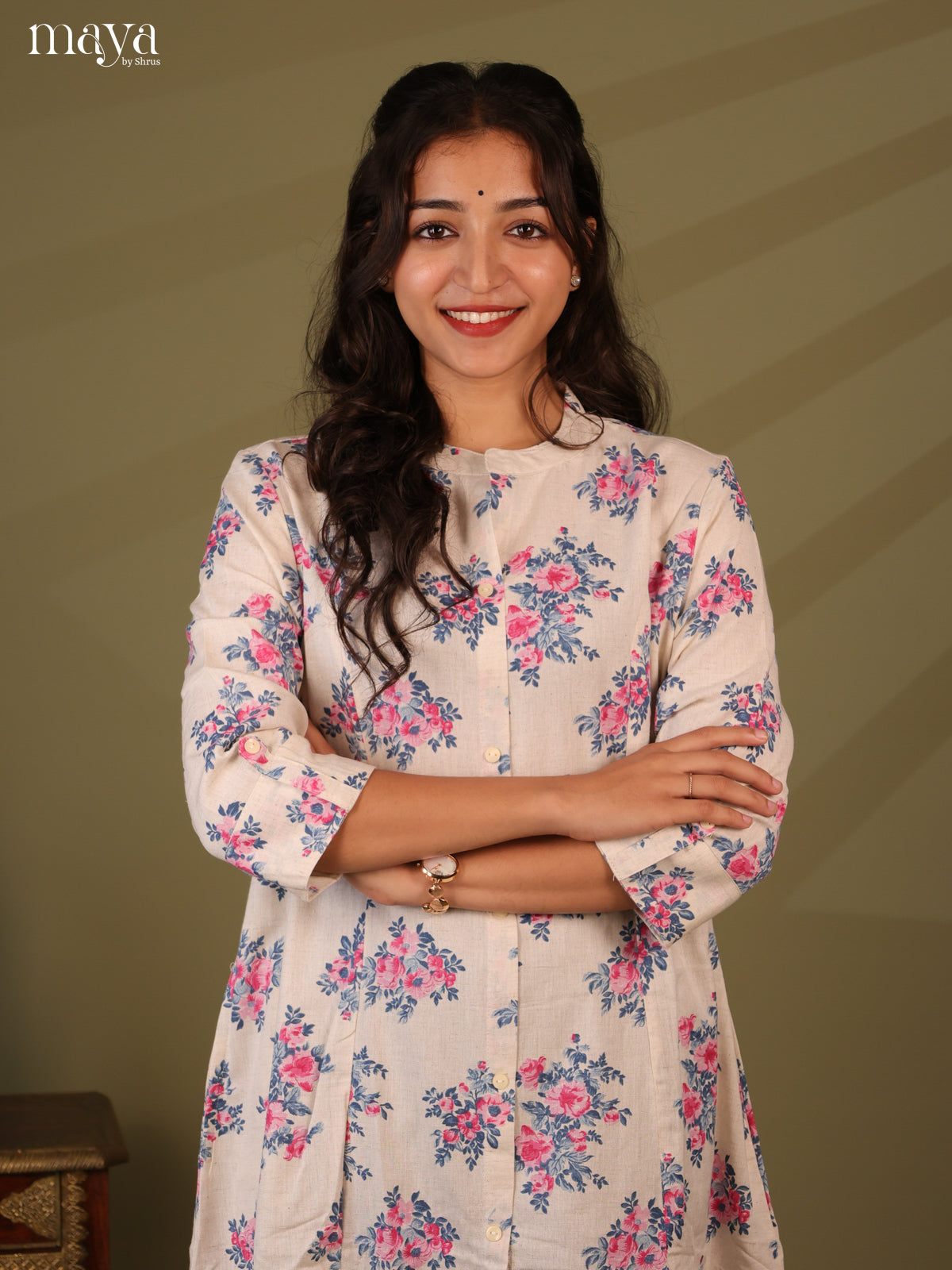Floral Printed Cream Cotton Kurti - Shop on Shrus.com