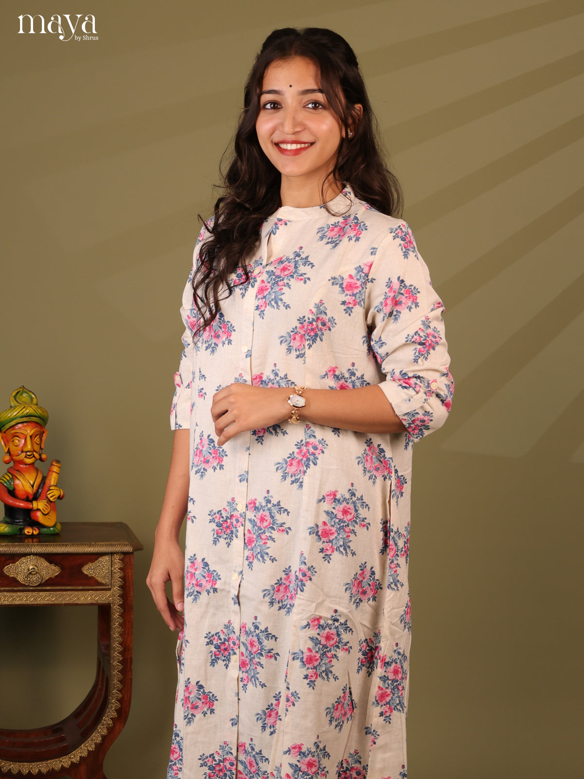Floral Printed Cream Cotton Kurti - Shop on Shrus.com