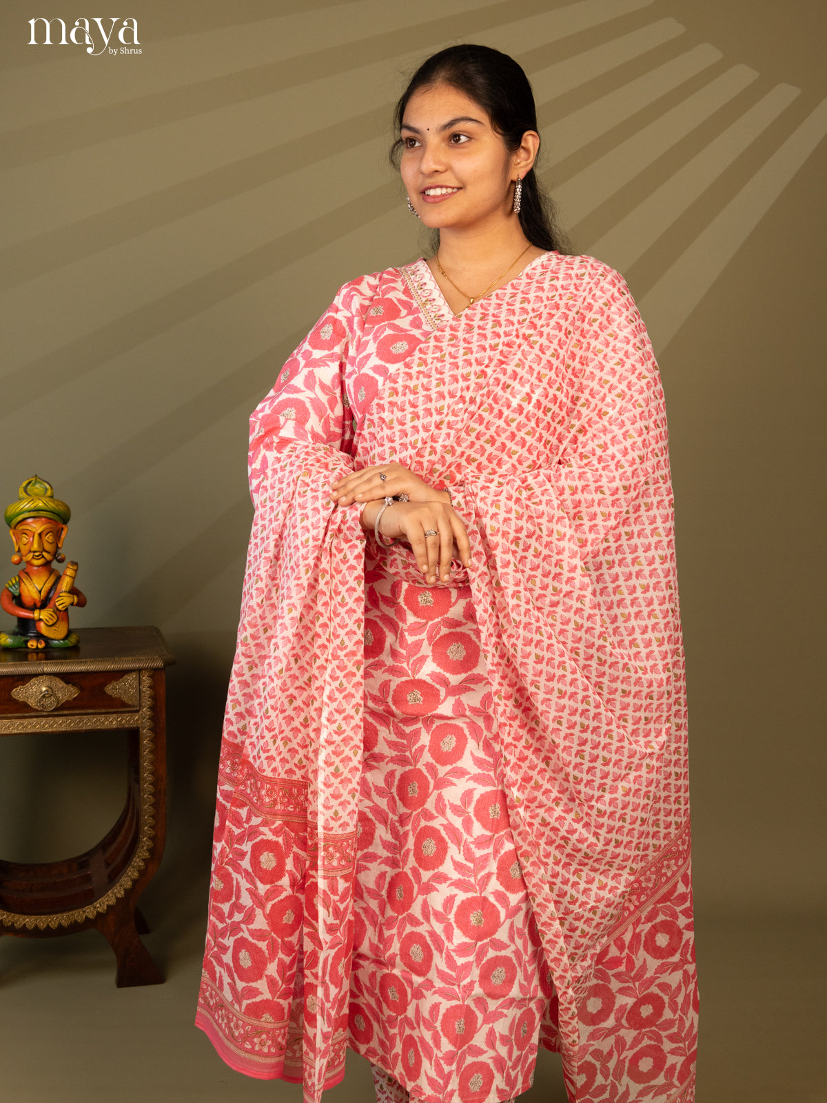 White Cotton 3Pc Salwar Suit with Floral Print - Top, Bottom & Dupatta - Shop on Shrus.com