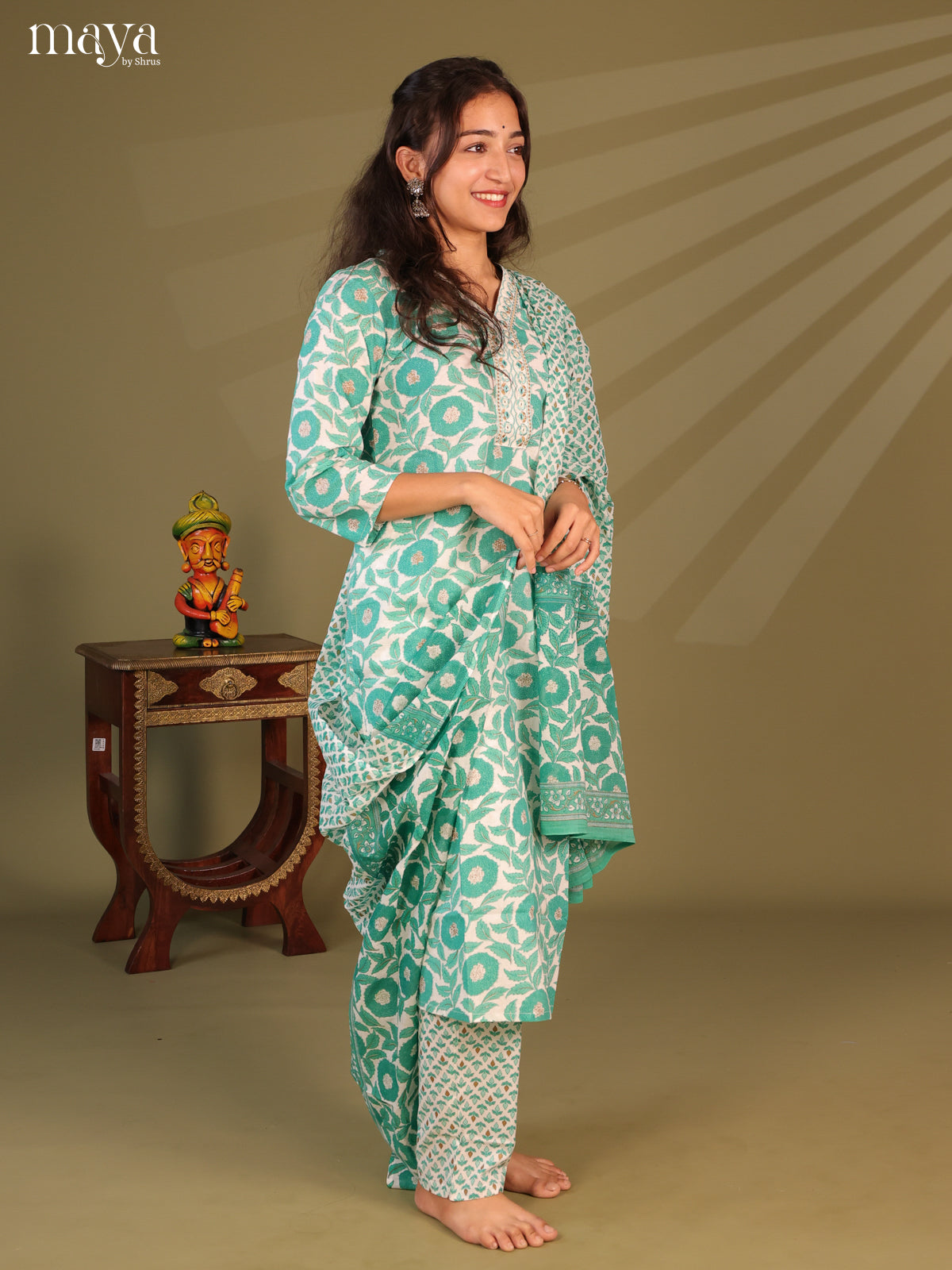 White Cotton 3Pc Salwar Suit with Floral Print - Top, Bottom & Dupatta - Shop on Shrus.com
